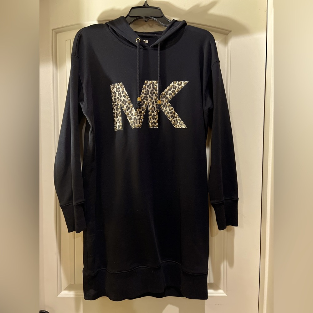 Michael Kors black hoodie dress with leopard monogram. Size medium.